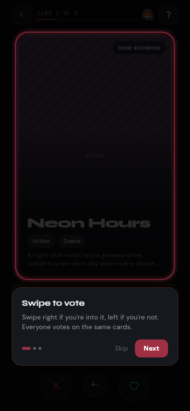 PickIt swipe deck showing a film card with coach marks